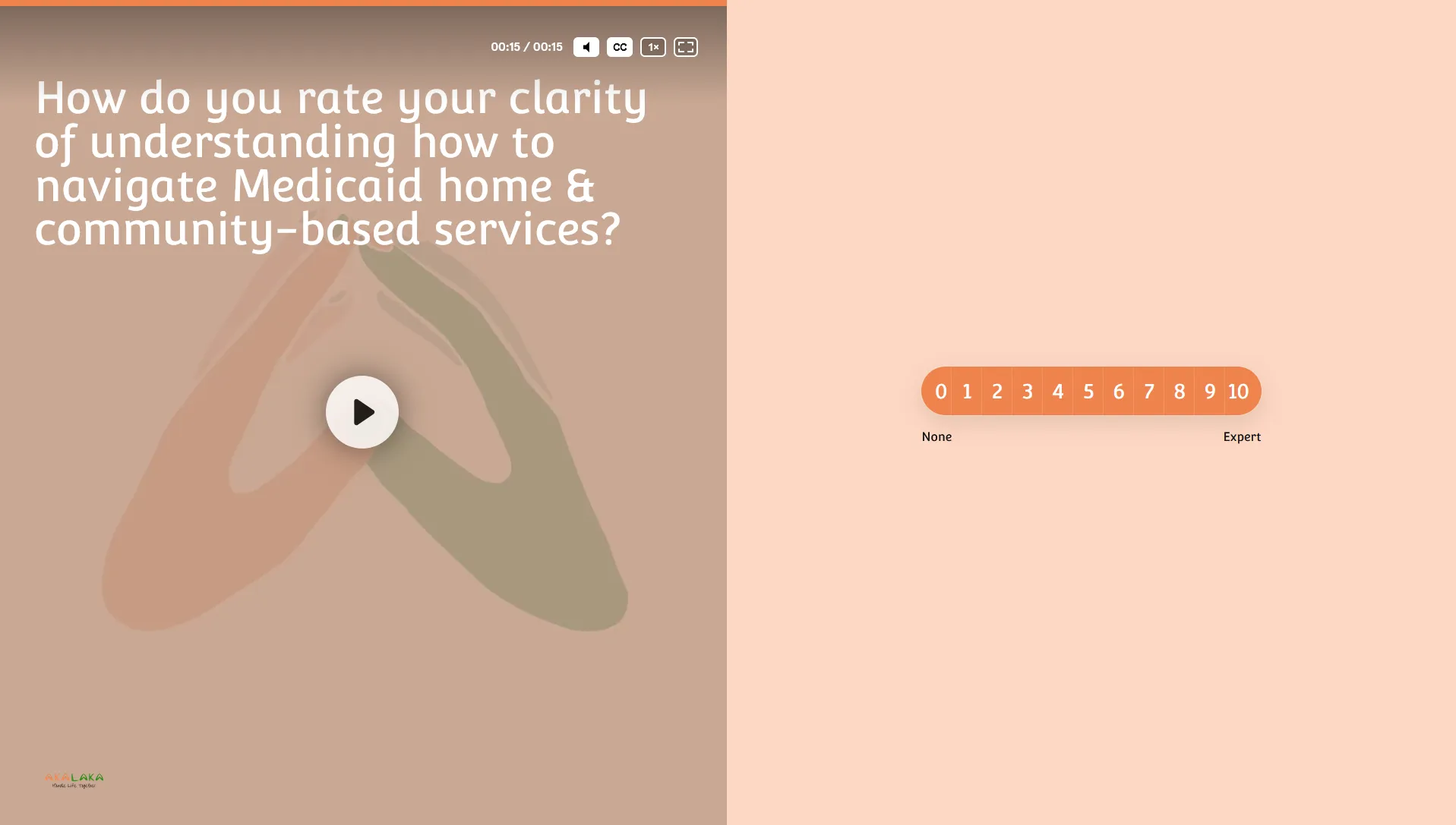 a screenshot of the survey showing the question How do you rate your clarity of understanding how to navigate Medicaid home &amp; community-based services with options one through ten